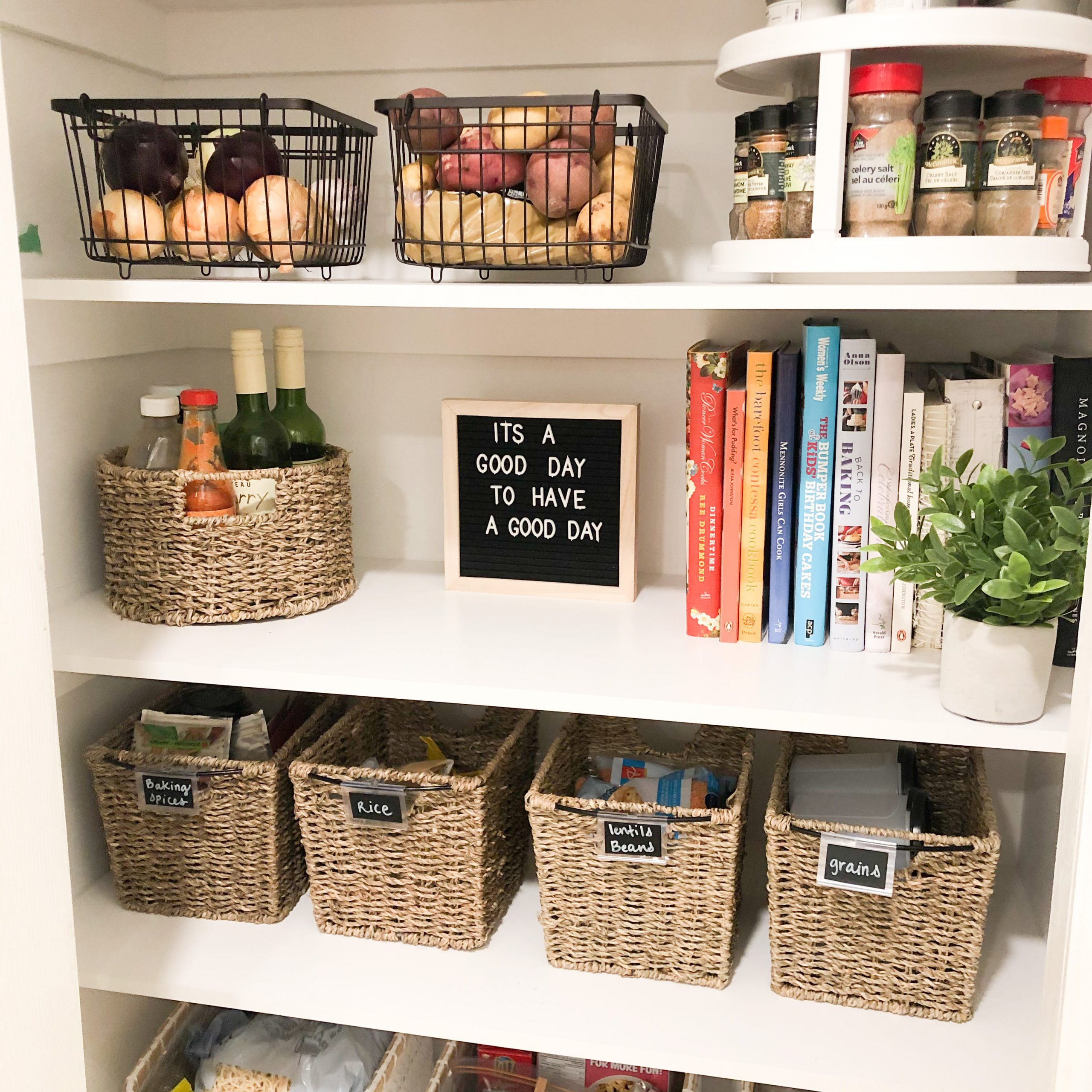 Organized pantry with baskets